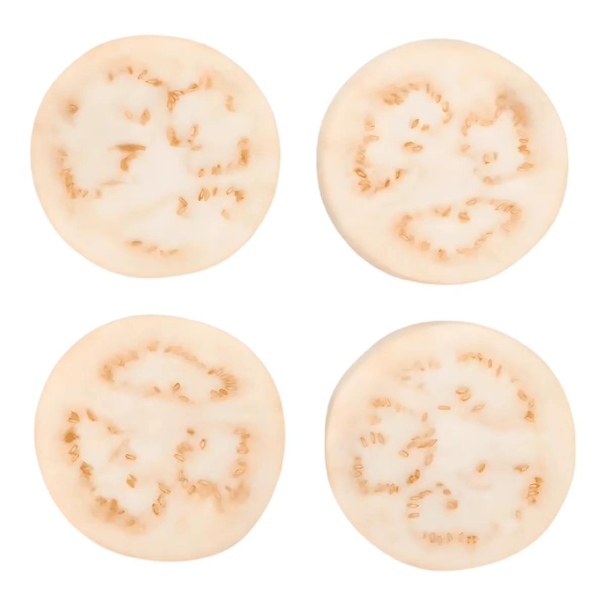 Tranches d’aubergine blanche africaine montrant une chair claire et peu amère. Parfaites pour des recettes savoureuses et légères.